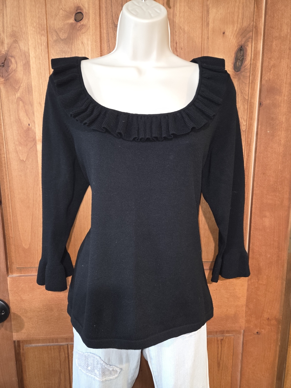 New York & Company Black Ruffle Scoop Neck Sweater
